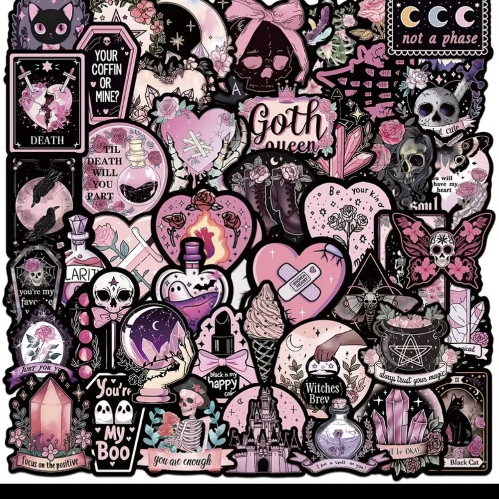 Gothic Sticker Collection with Pink and Black Designs 15 Pack